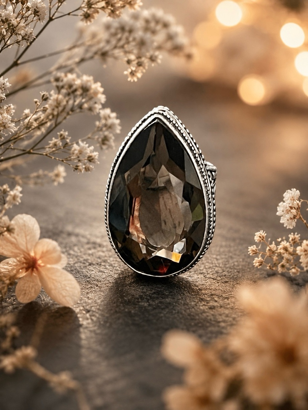 Teardrop Smoky Quartz Gemstone Antique Design Ring Sz-9.5